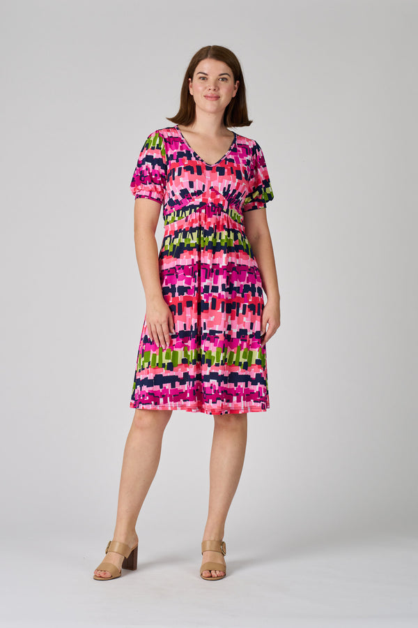FG9434A-1-Knee Length Knit Dress with Gather Detail